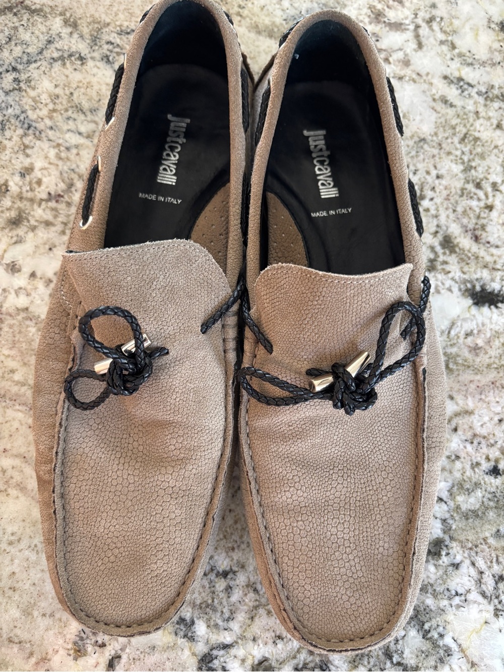 Just Cavalli Taupe Suede Loafers with Black Braided Lace